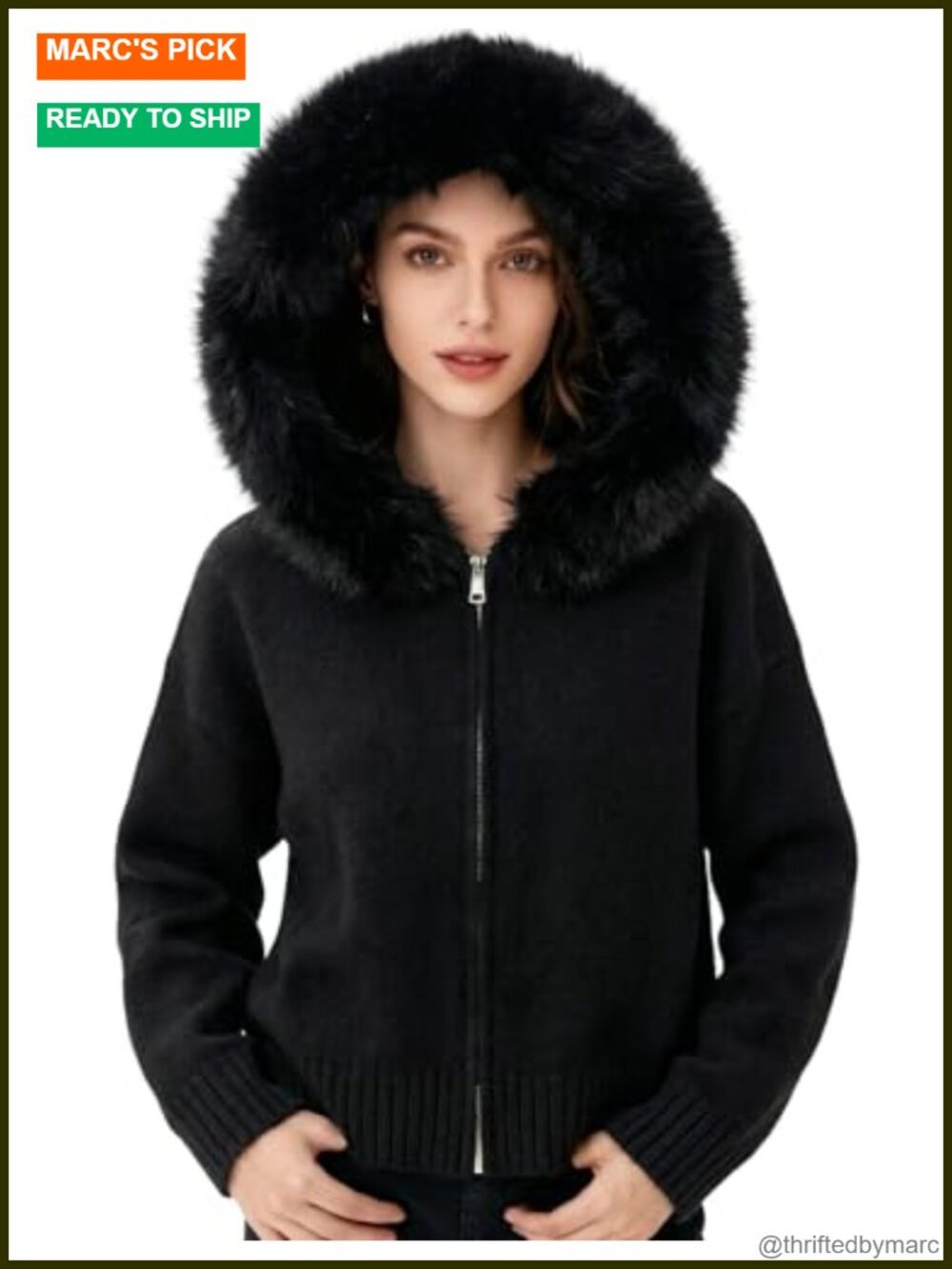 Faux Fur Zip Up Hoodie Cardigan Sweater for Women